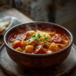 A bubbling Korean Army Stew Hotpot with spam, sausages, noodles, and melted cheese in a pot on the table.