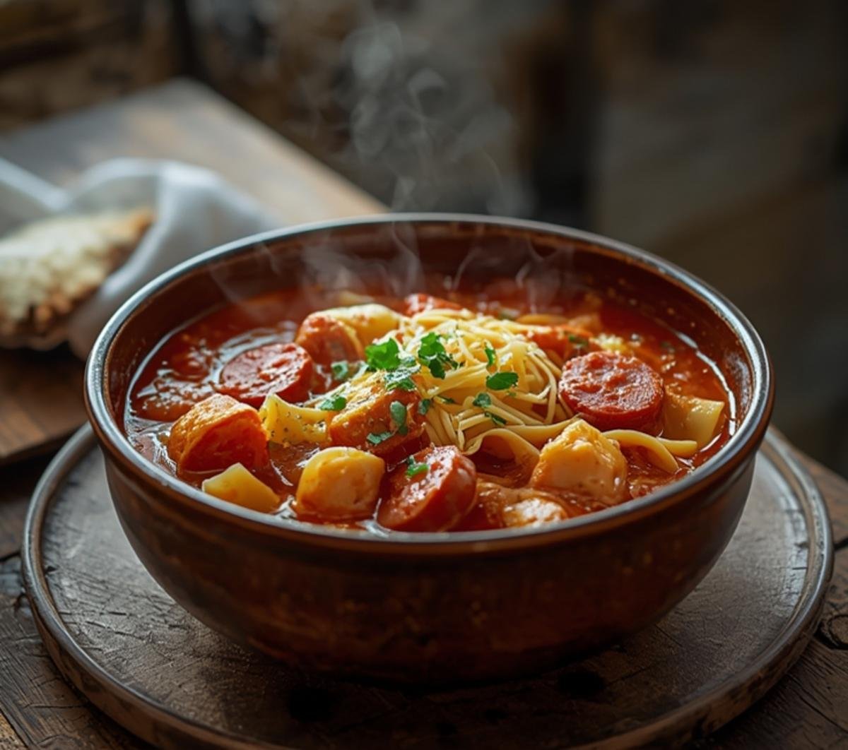 A bubbling Korean Army Stew Hotpot with spam, sausages, noodles, and melted cheese in a pot on the table.