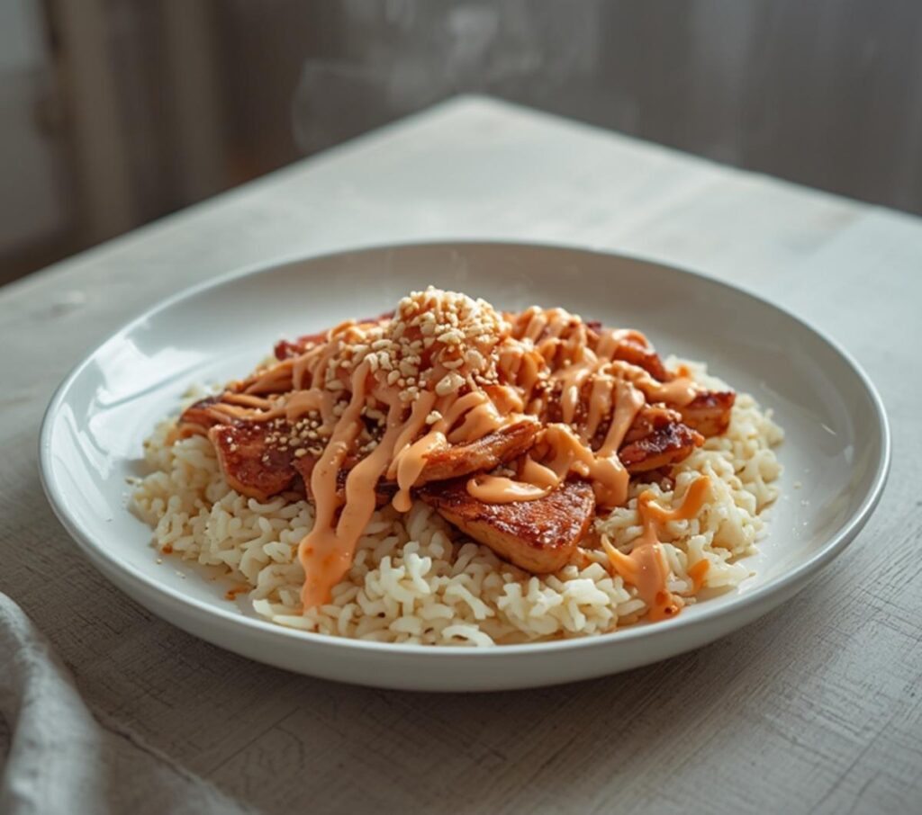 A complete Korean spicy pork bowl with marinated pork, rice, noodles, and drizzled sauces on a table.