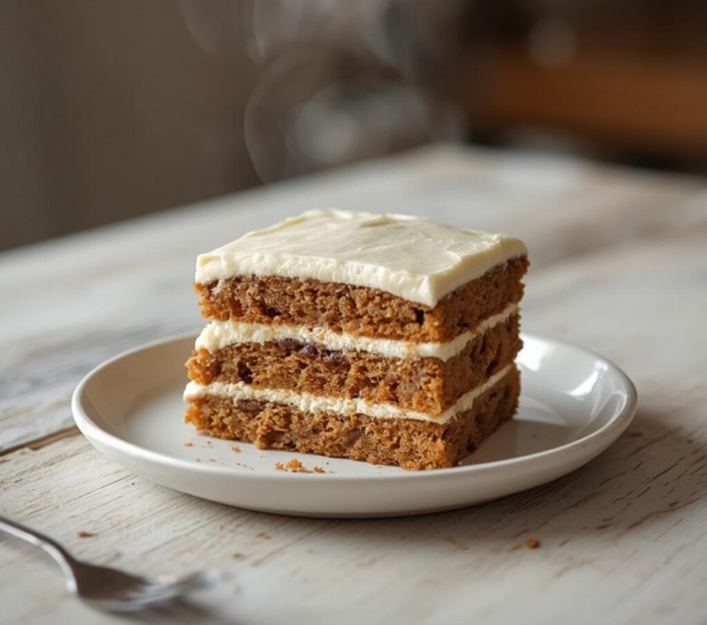A luxurious latte cake with layered coffee sponge and creamy frosting, served on a table.