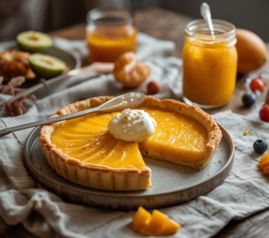 A vibrant mango curd tart with a buttery crust and smooth filling, topped with whipped cream on a table.