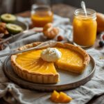 A vibrant mango curd tart with a buttery crust and smooth filling, topped with whipped cream on a table.