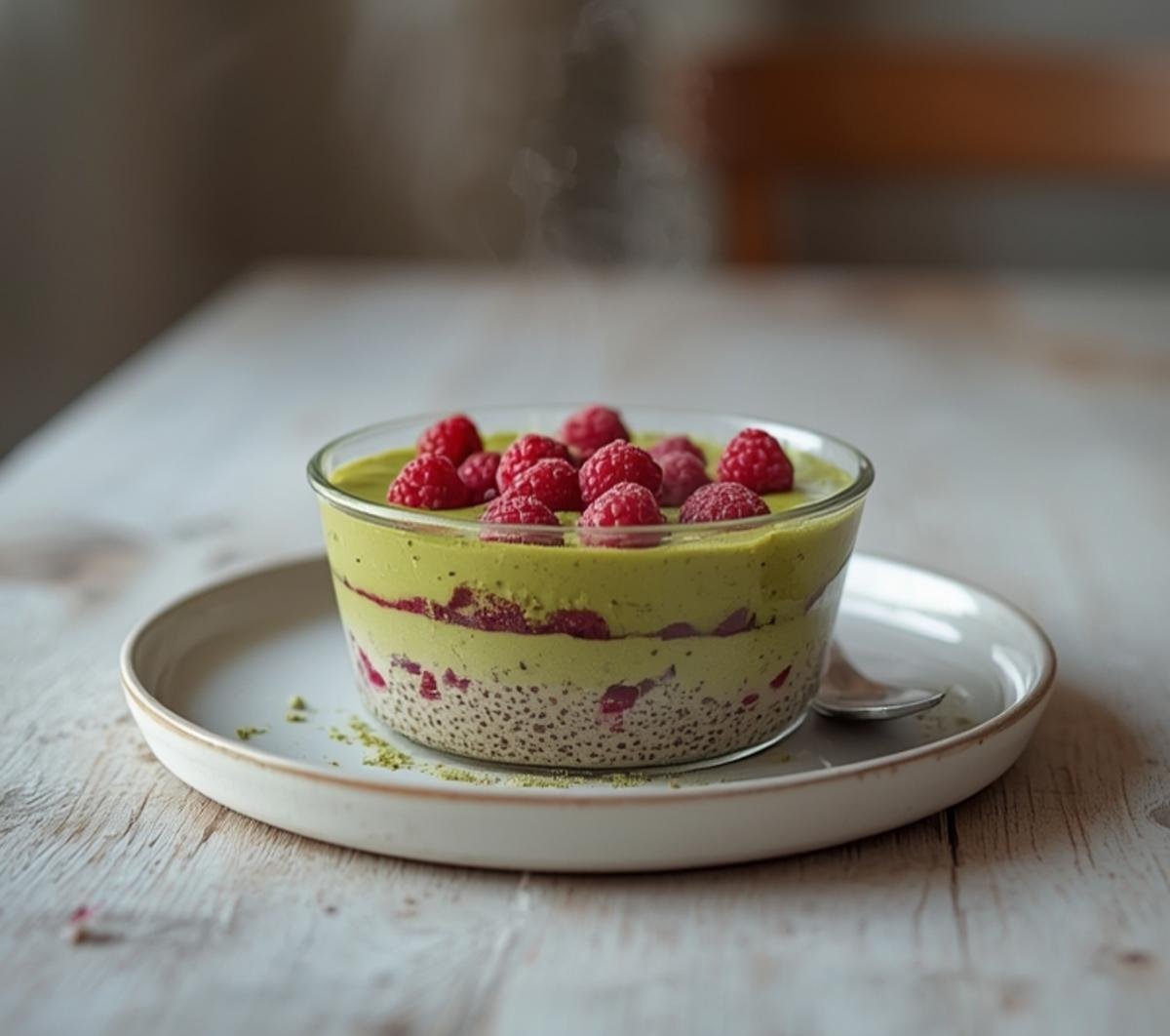 A glass jar filled with layered matcha raspberry chia pudding3, showing green matcha and red raspberry layers.