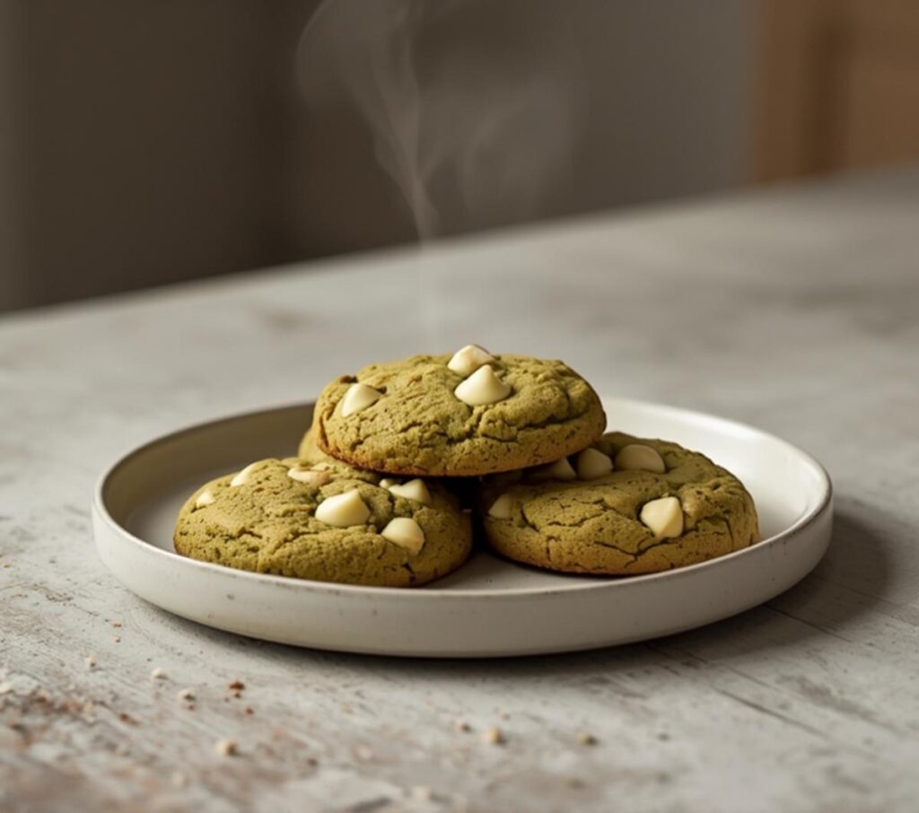 Freshly baked matcha white chocolate cookies with green hues and white chocolate chips on a plate.