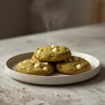 Freshly baked matcha white chocolate cookies with green hues and white chocolate chips on a plate.
