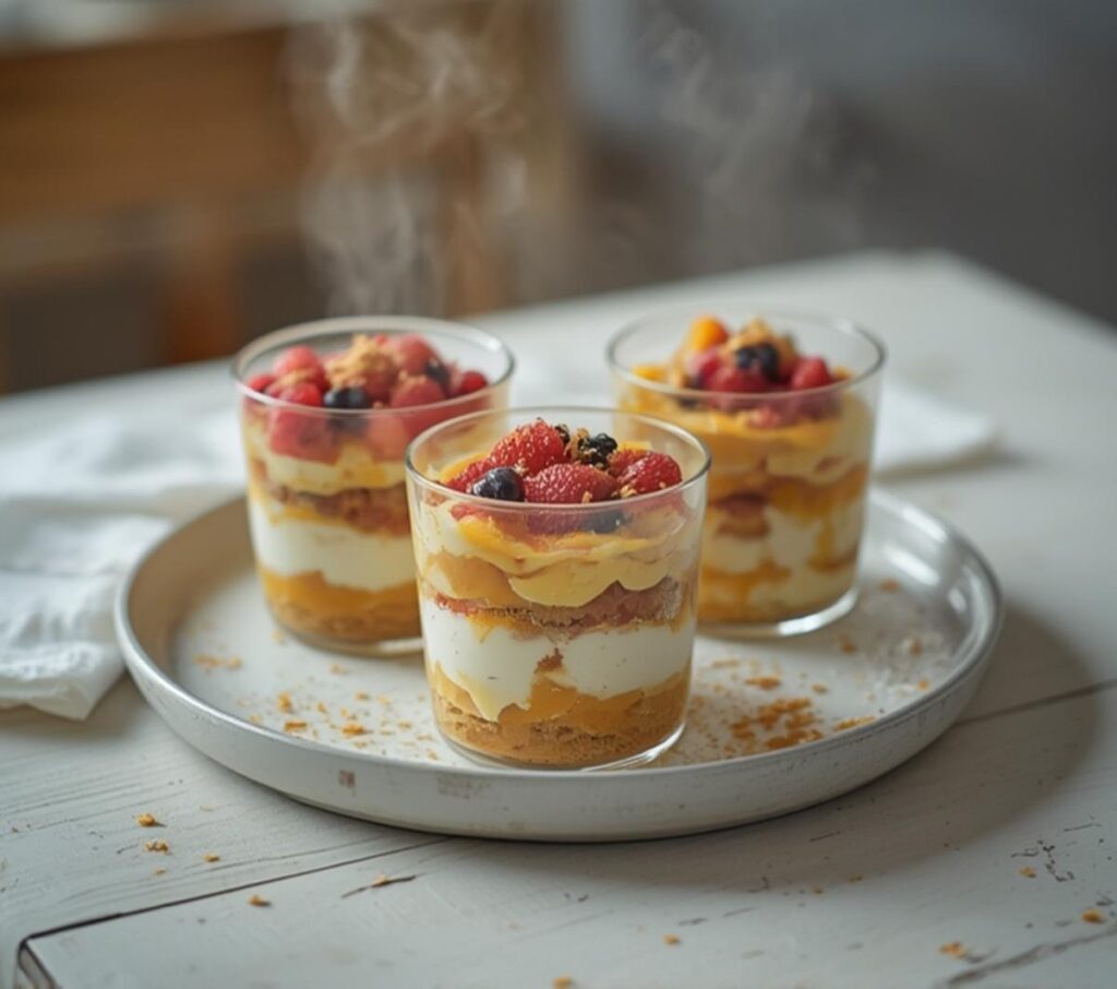 A variety of mini dessert cup ideas on a party table, showing colorful layers and toppings.