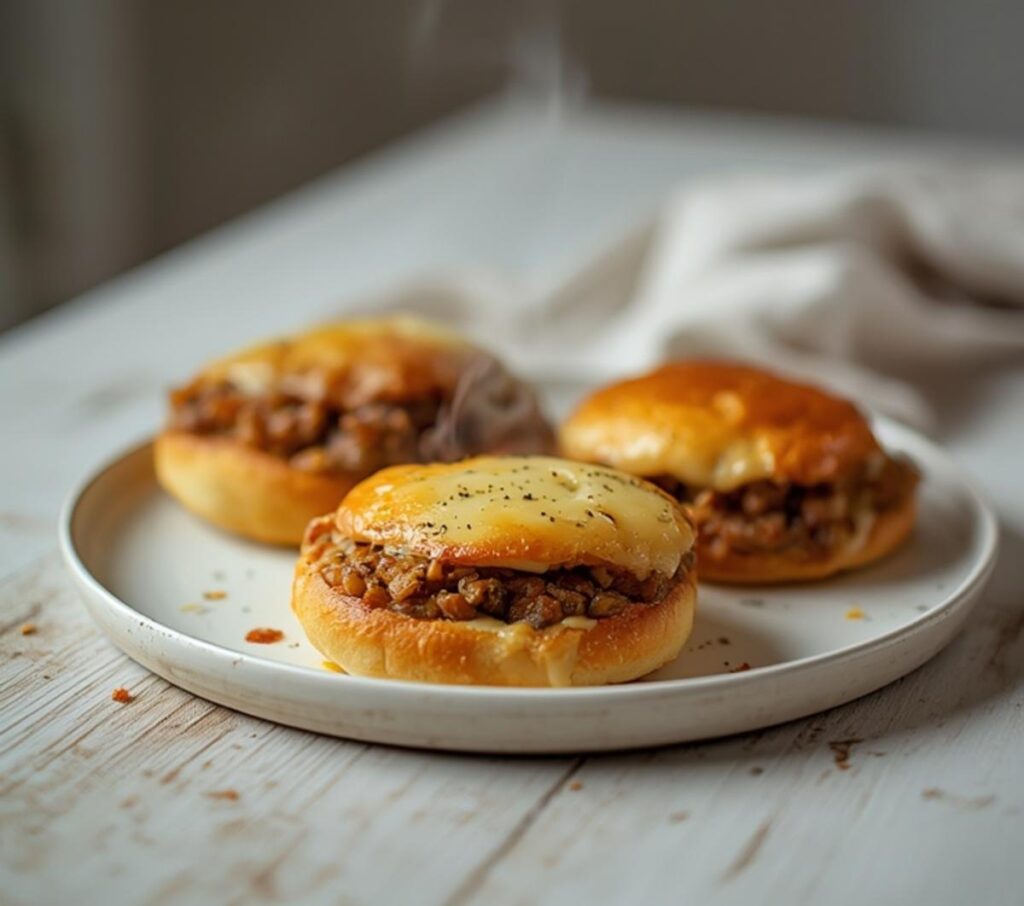 Mini laugen-burger with leberkse served on a table, ready for a party.
