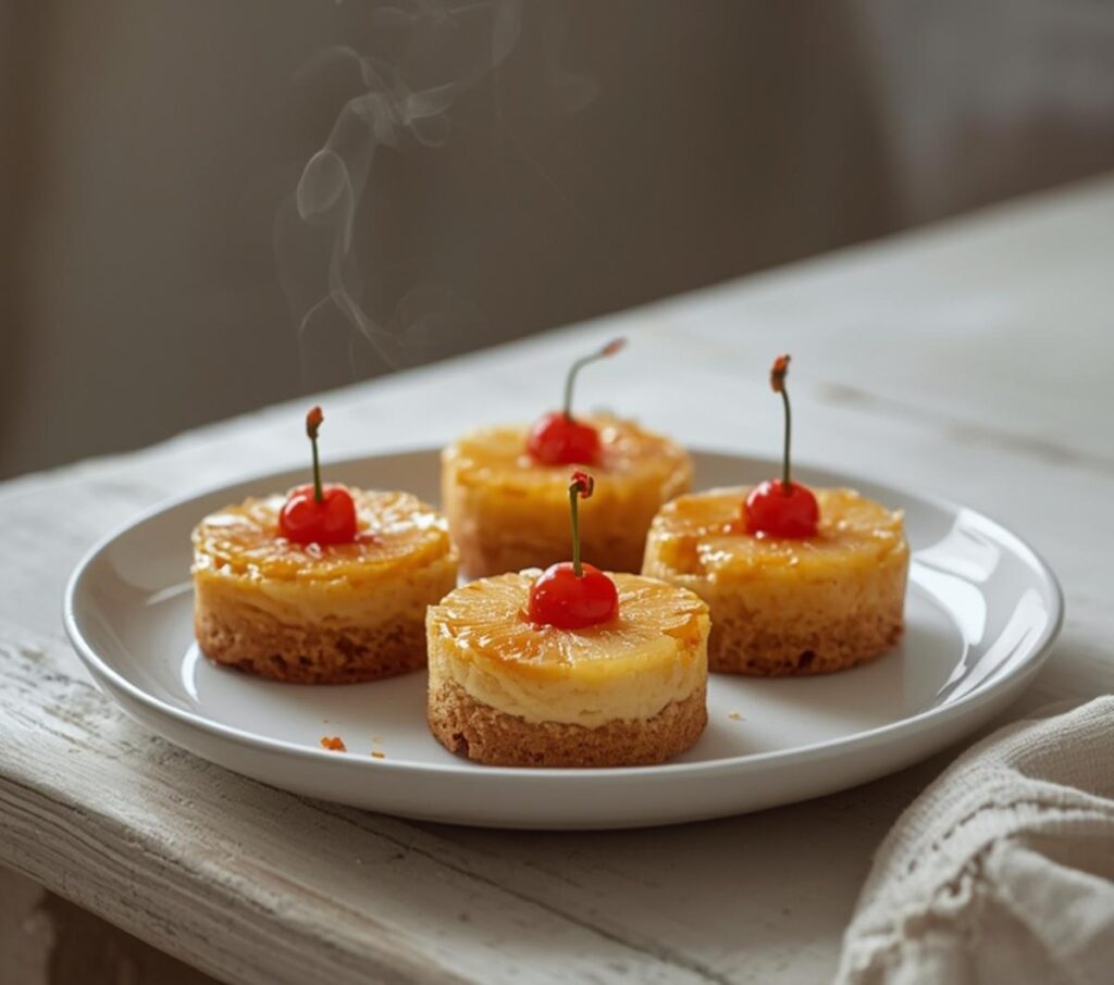 Eight mini pineapple upside-down cheesecakes with caramelized pineapple and cherries on a platter.