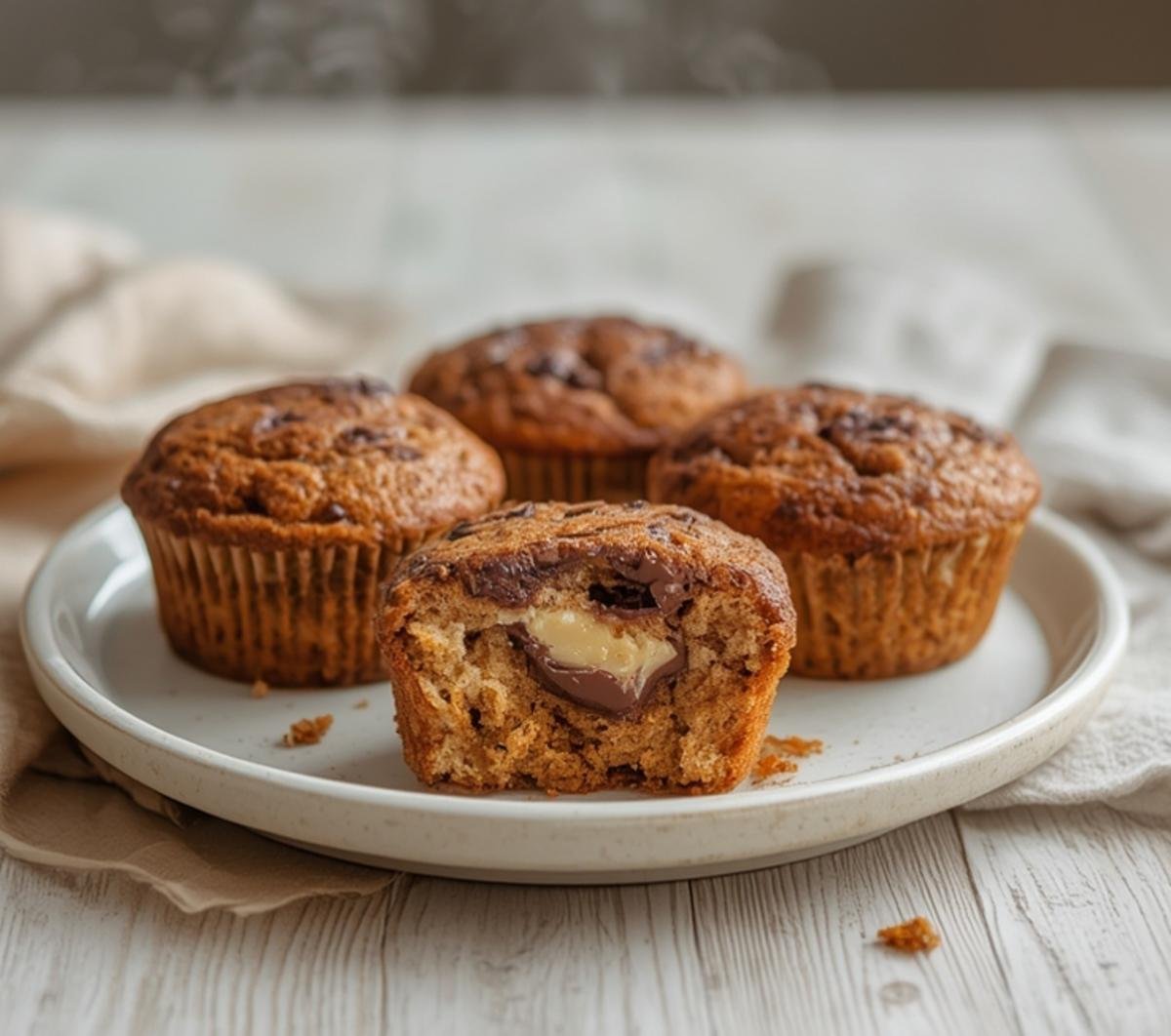 Nutella Banana Swirl Muffins on a table showing golden tops and visible swirls of Nutella filling.