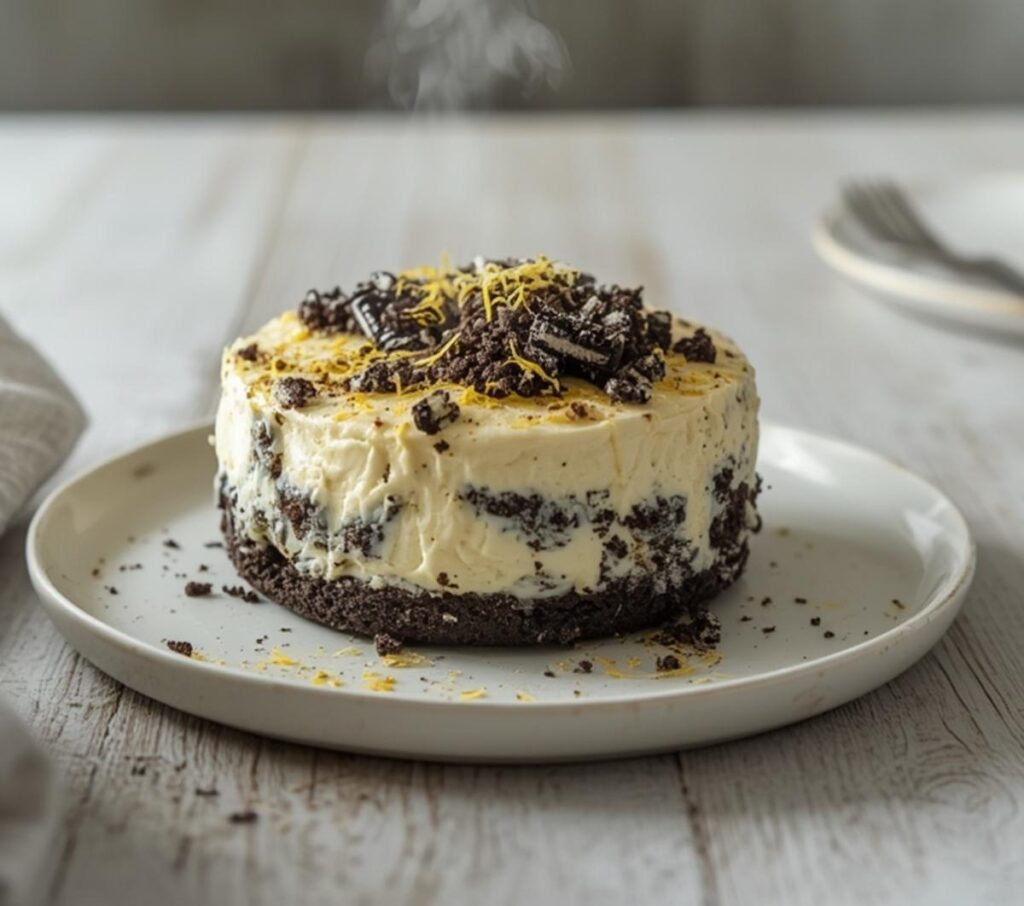 Oreo no bake cheesecake cups topped with lemon zest in serving glasses on a table