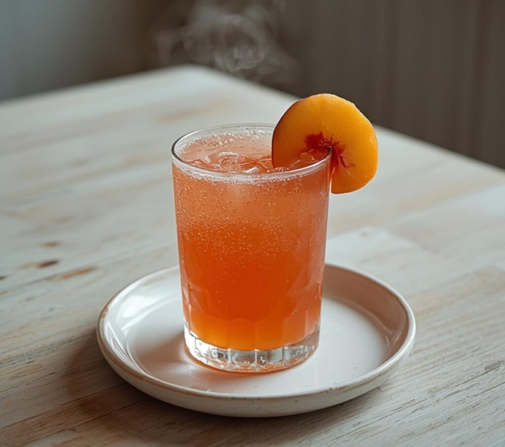 A tall glass of Peach Bellini Mocktail Recipe with a peach slice garnish, showing a bubbly, orange-pink drink.