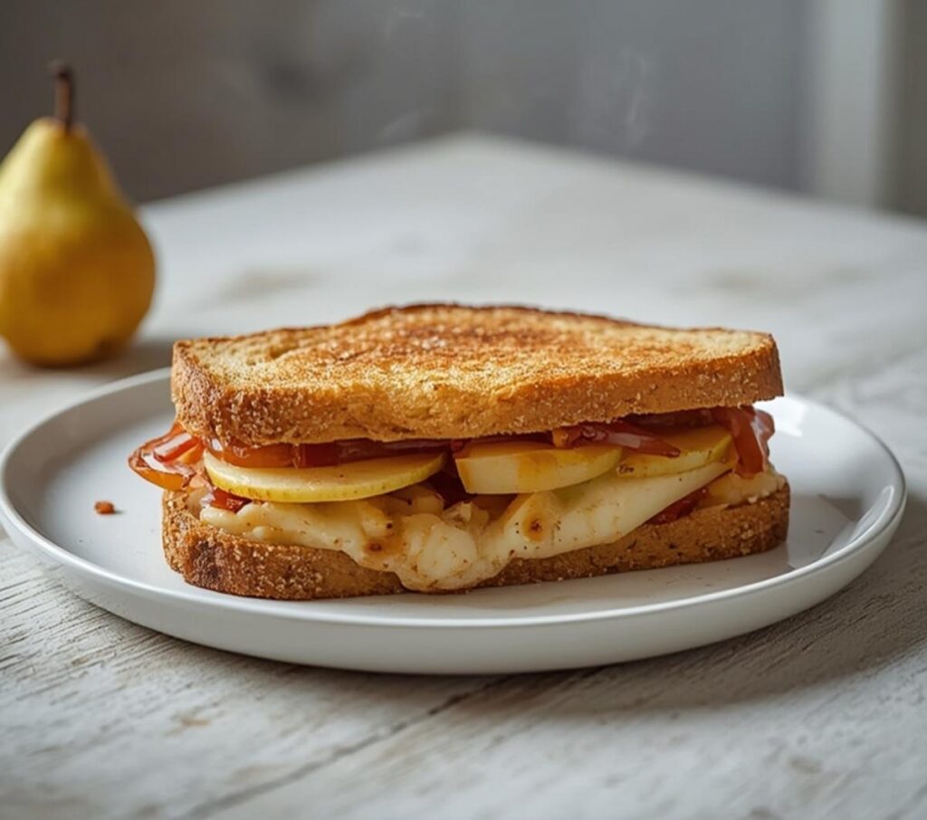 A golden grilled cheese sandwich filled with pear, apple, and caramelized onions served on a plate.