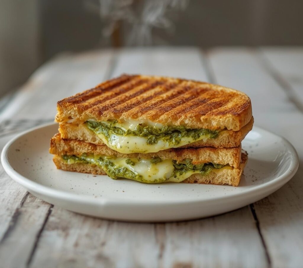 A golden, crispy pesto grilled cheese sandwich served on a plate, perfect for a quick lunch or cozy dinner.