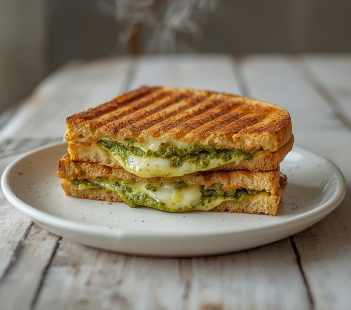 A golden, crispy pesto grilled cheese sandwich served on a plate, perfect for a quick lunch or cozy dinner.
