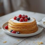 A stack of golden quick and easy crepes topped with fresh berries and a light dusting of powdered sugar on a plate.