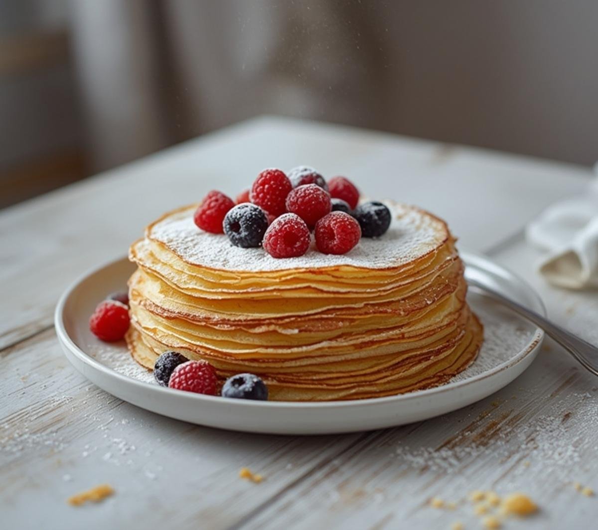 A stack of golden quick and easy crepes topped with fresh berries and a light dusting of powdered sugar on a plate.