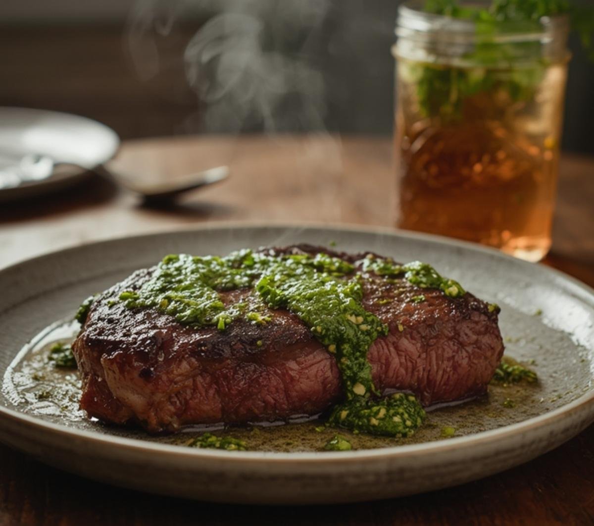 A plated quick easy chimichurri steak with vibrant green herb sauce drizzled over juicy grilled beef.