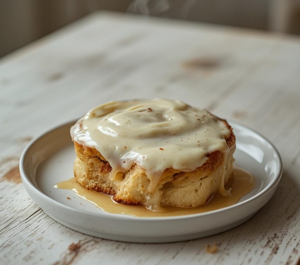 A pan of freshly baked quick and easy cinnamon rolls topped with glossy cream cheese frosting, served warm on a table.