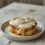A pan of freshly baked quick and easy cinnamon rolls topped with glossy cream cheese frosting, served warm on a table.