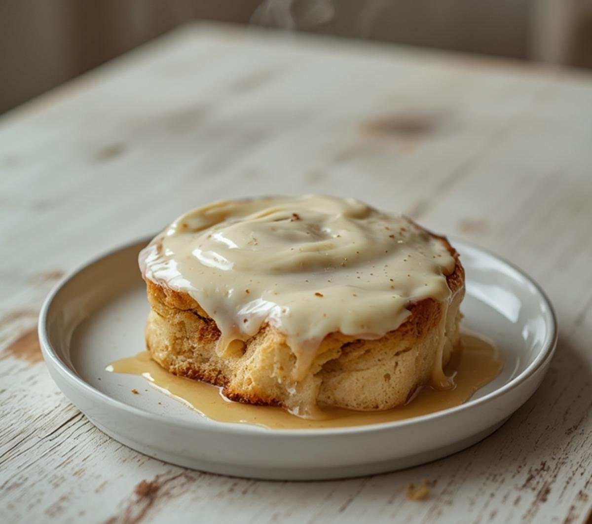 A pan of freshly baked quick and easy cinnamon rolls topped with glossy cream cheese frosting, served warm on a table.