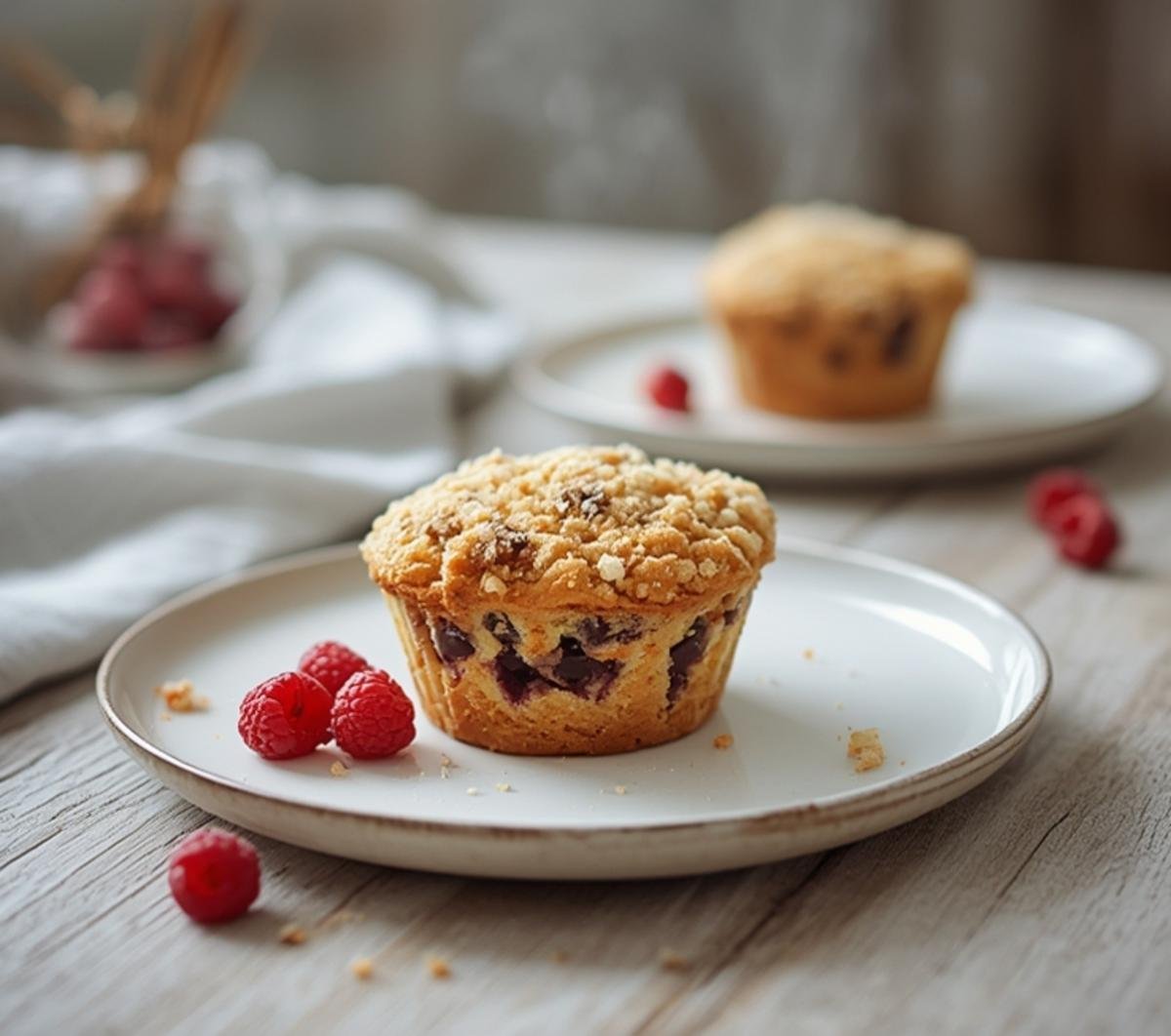 Raspberry and chocolate chip muffins with crumble topping on a baking sheet, a perfect fall dessert.