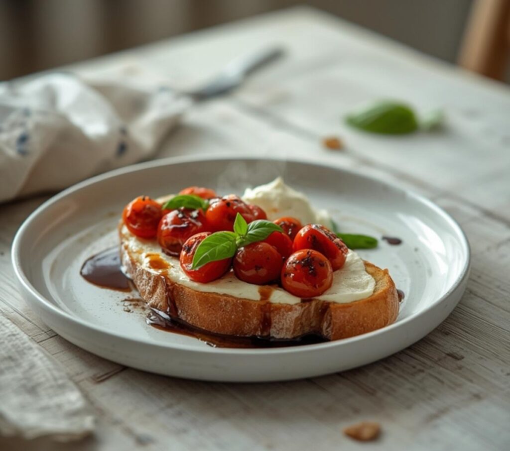A platter of ricotta bruschetta topped with roasted cherry tomatoes and a drizzle of balsamic glaze.