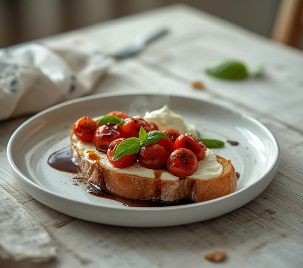 A platter of ricotta bruschetta topped with roasted cherry tomatoes and a drizzle of balsamic glaze.