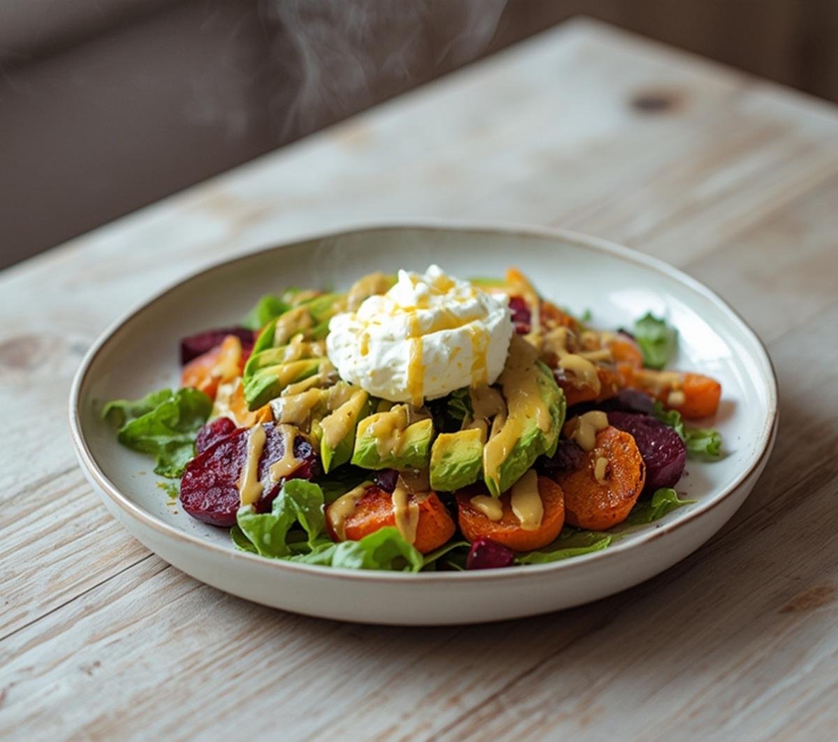 A colorful roasted beet sweet potato avocado salad topped with whipped ricotta and a lemon-tahini drizzle.