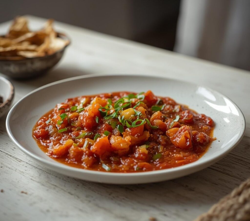 Fresh roasted salsa in a bowl with a vibrant red and green color, topped with chopped cilantro, served with tortilla chips for dipping.
