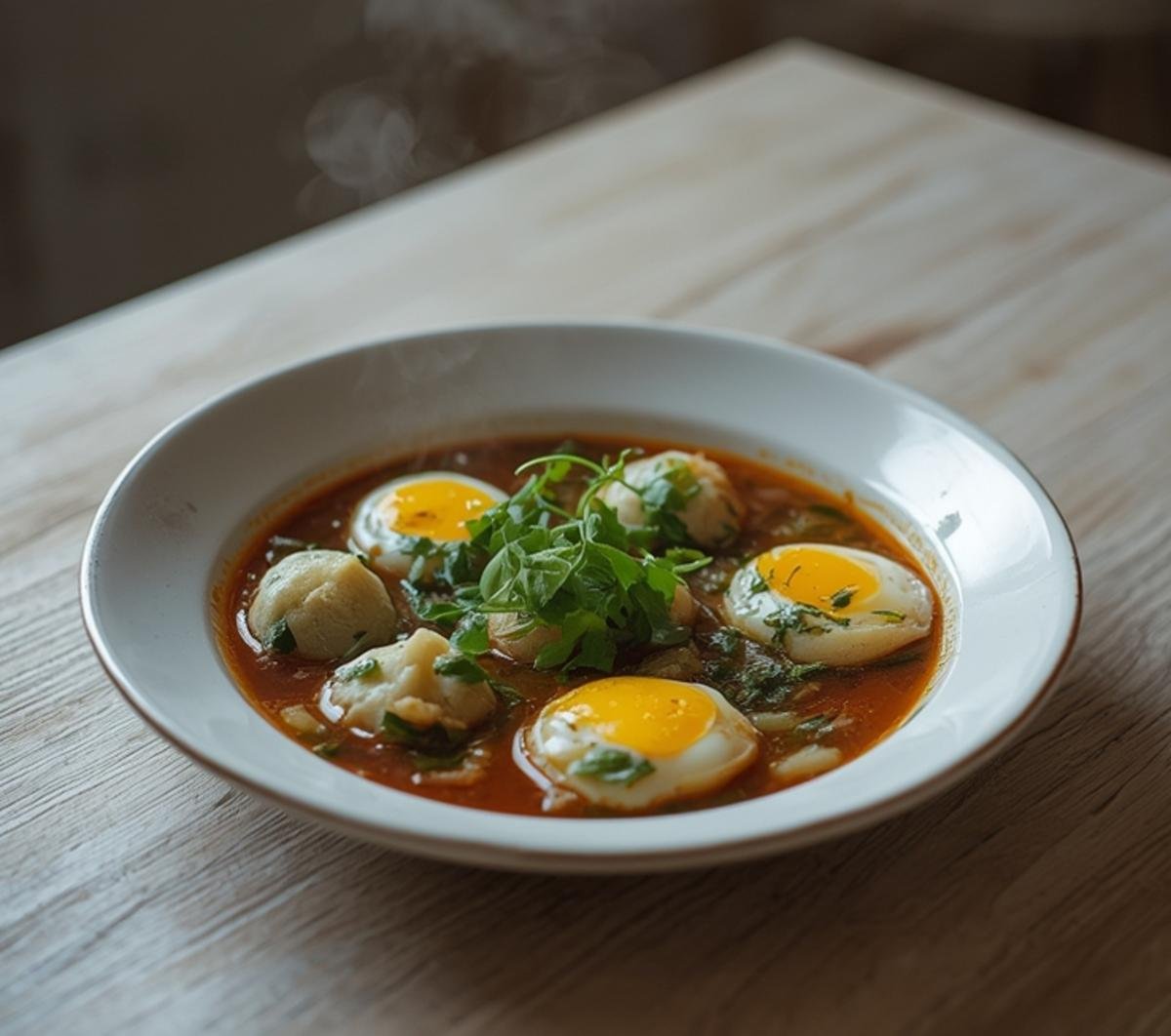 A complete savory dumpling ramen bowl served on a table with soft-boiled eggs and fresh greens.