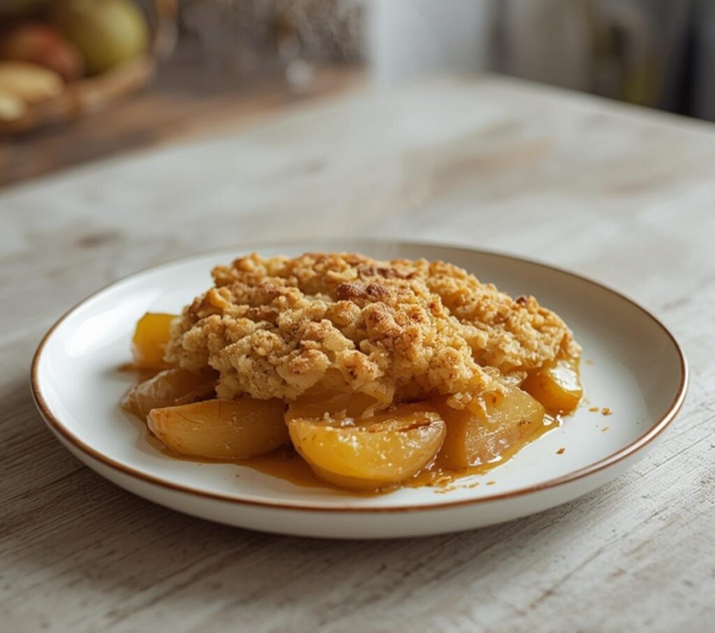 A single serving of apple crumble in a small dish, featuring a golden baked topping and bubbly apple filling.