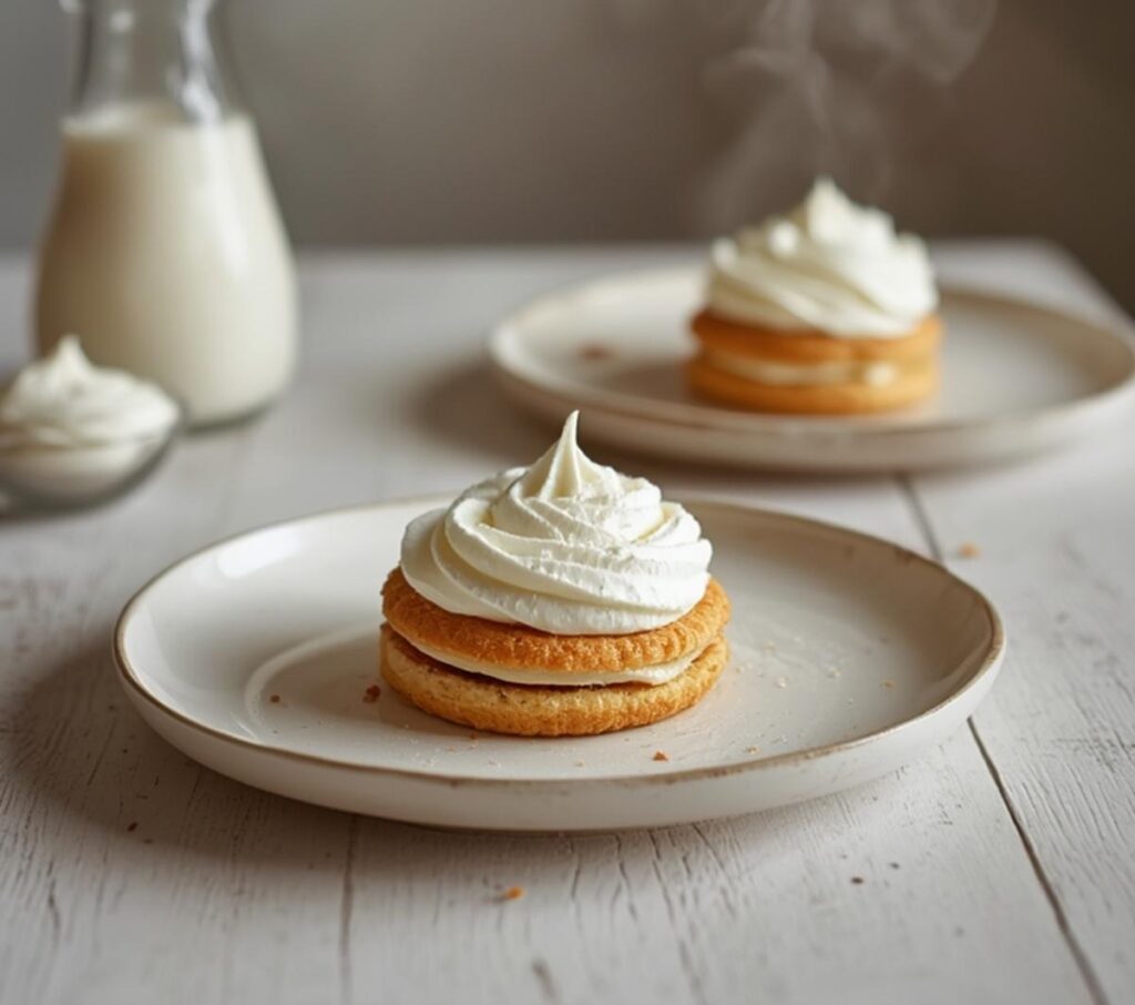 A plate of adorable mini slagroomgebakjes with whipped cream and a dusting of powdered sugar, showing a complete no bake dessert.