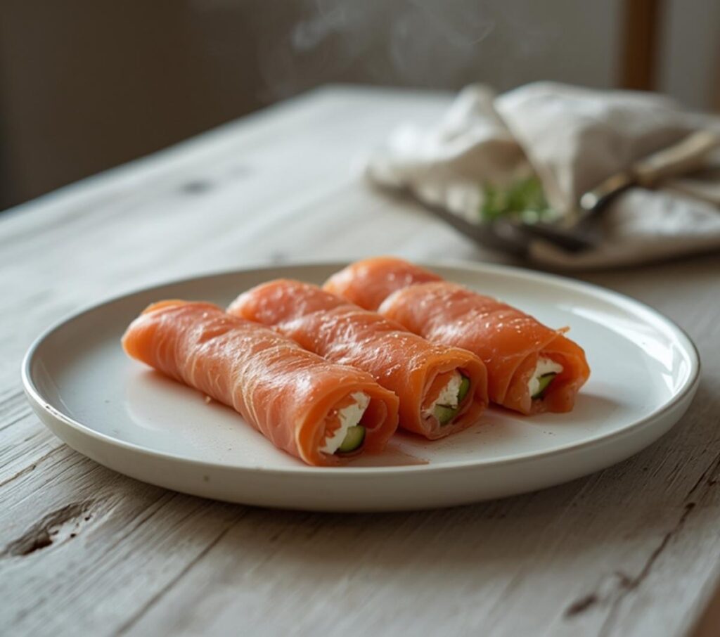 Elegant smoked salmon roll ups with cucumber and cream cheese on a serving platter.