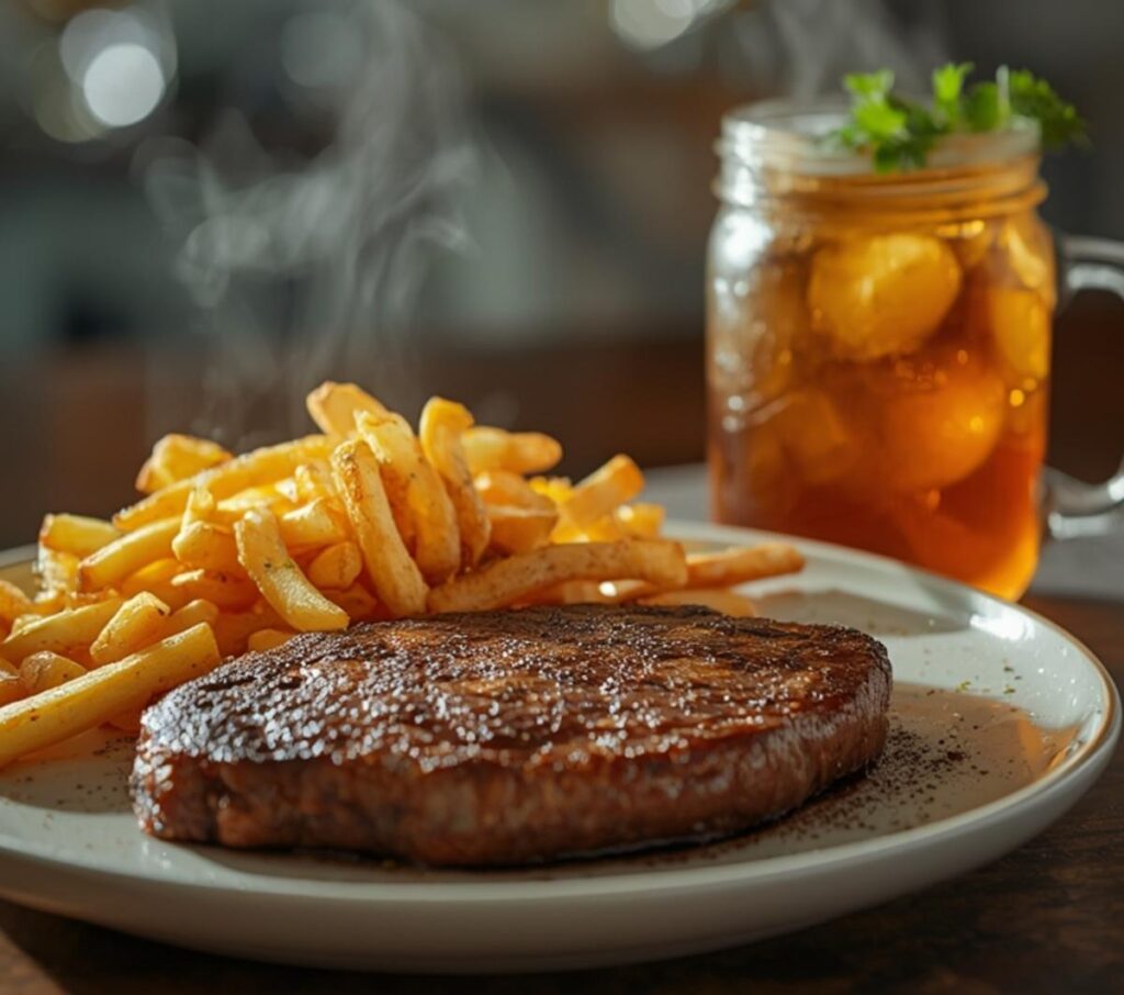 A plated serving of steak frites recipe with a juicy steak and a side of golden, crispy fries.
