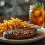 A plated serving of steak frites recipe with a juicy steak and a side of golden, crispy fries.