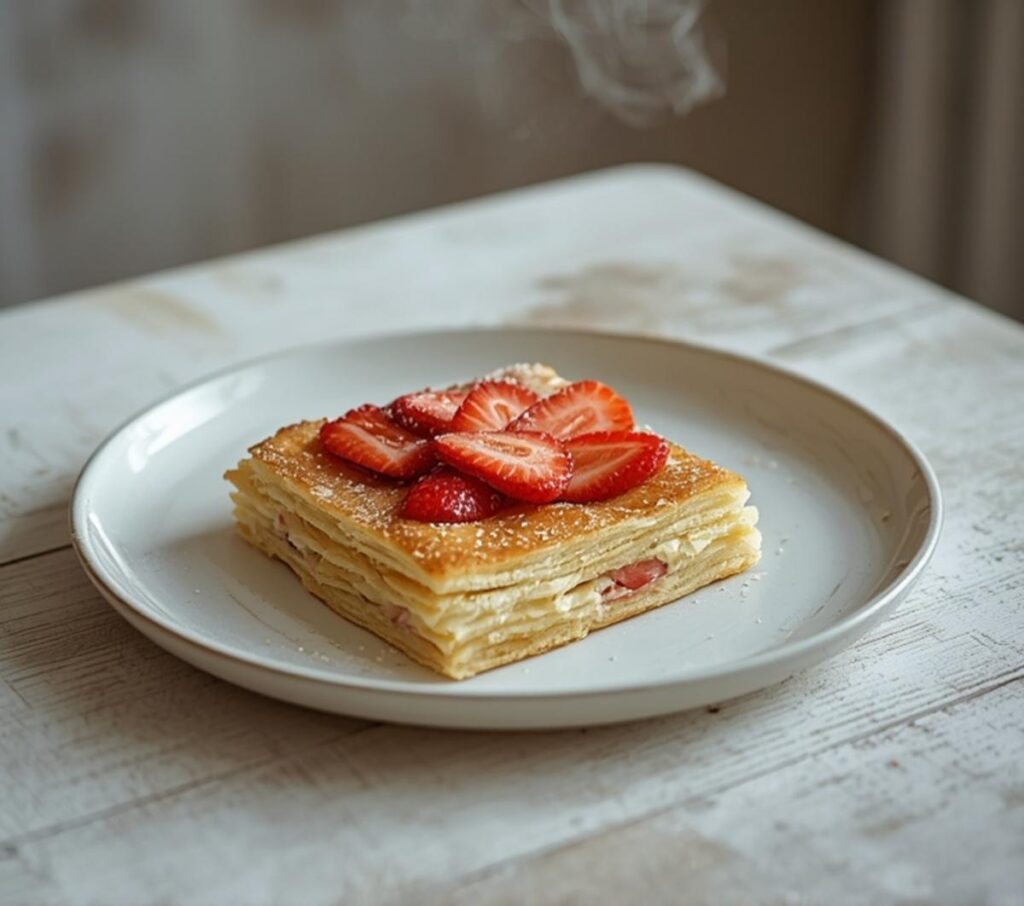 Golden baked strawb puff pastry danishes with cream cheese and strawberry slices on a plate.