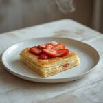 Golden baked strawb puff pastry danishes with cream cheese and strawberry slices on a plate.