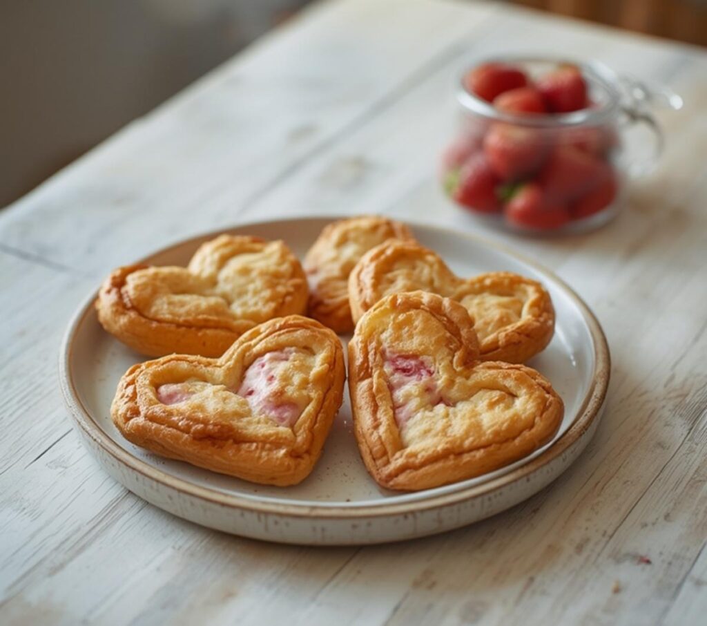 Freshly baked strawberry cream cheese heart danishes on a table, perfect for Valentine's Day dessert with a golden, flaky crust and pink filling.
