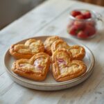 Freshly baked strawberry cream cheese heart danishes on a table, perfect for Valentine's Day dessert with a golden, flaky crust and pink filling.