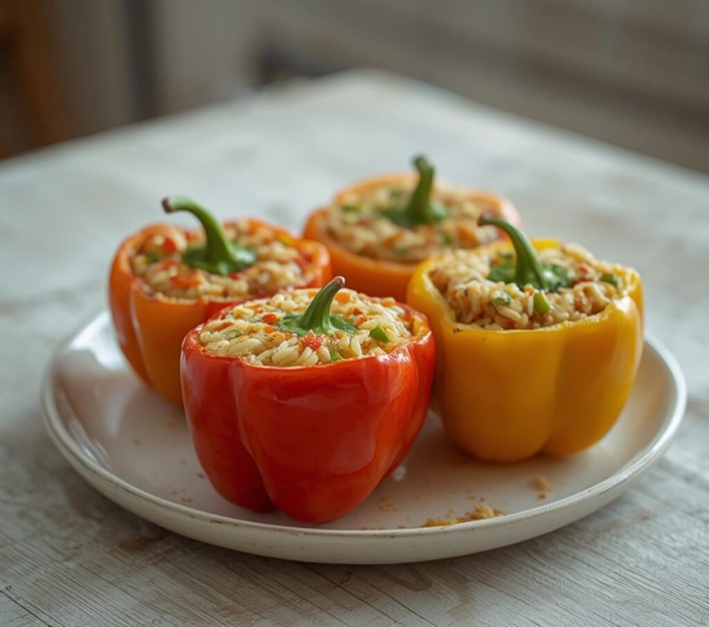 A plate of colorful vegetarian stuffed bell peppers filled with rice and vegetables, served as a main dish.