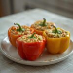 A plate of colorful vegetarian stuffed bell peppers filled with rice and vegetables, served as a main dish.