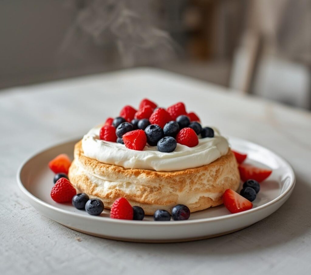 A beautiful summer berry pavlova on a table, topped with whipped cream and fresh berries, showing crispy meringue edges.