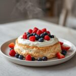 A beautiful summer berry pavlova on a table, topped with whipped cream and fresh berries, showing crispy meringue edges.
