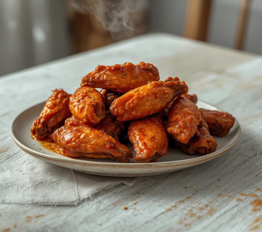 A plate of sweet and spicy chicken wings with a glossy glaze, served as a main course for dinner.