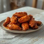 A plate of sweet and spicy chicken wings with a glossy glaze, served as a main course for dinner.