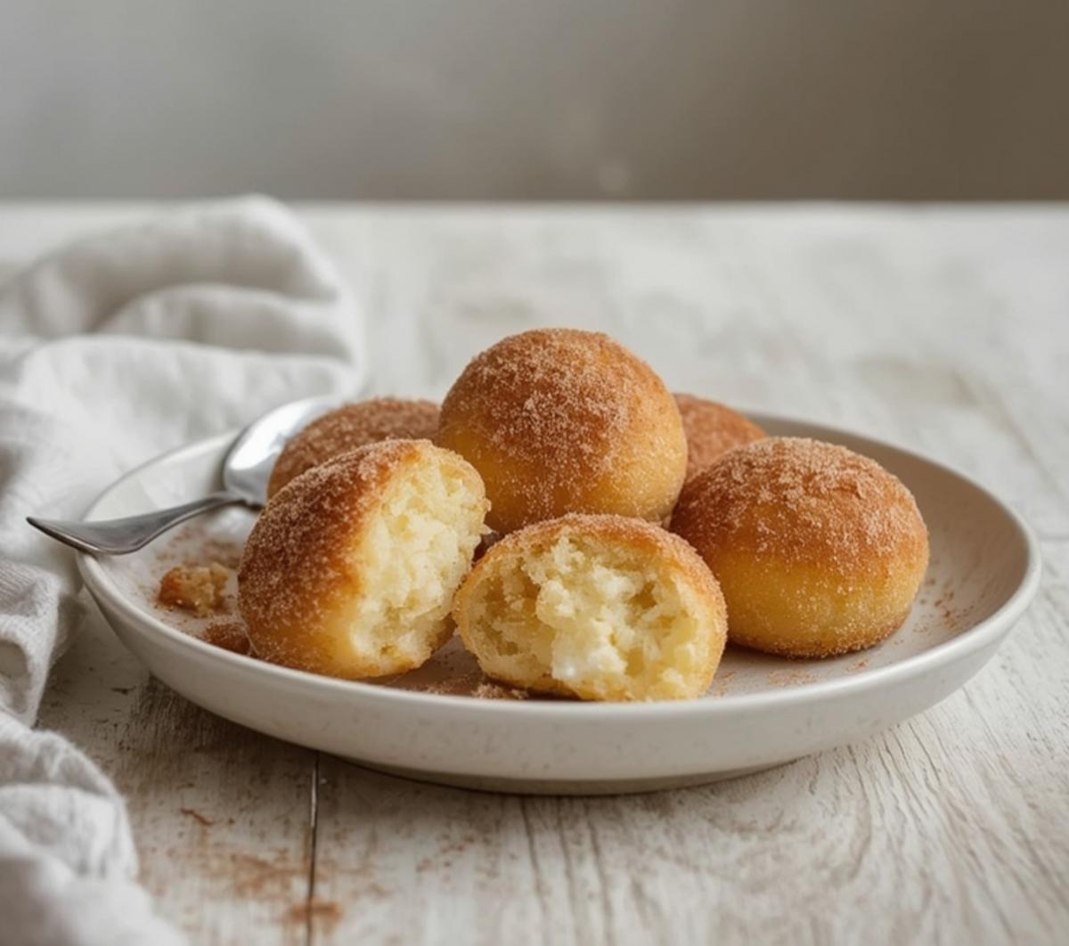 Golden sweet churro donut bites coated in cinnamon sugar on a serving platter