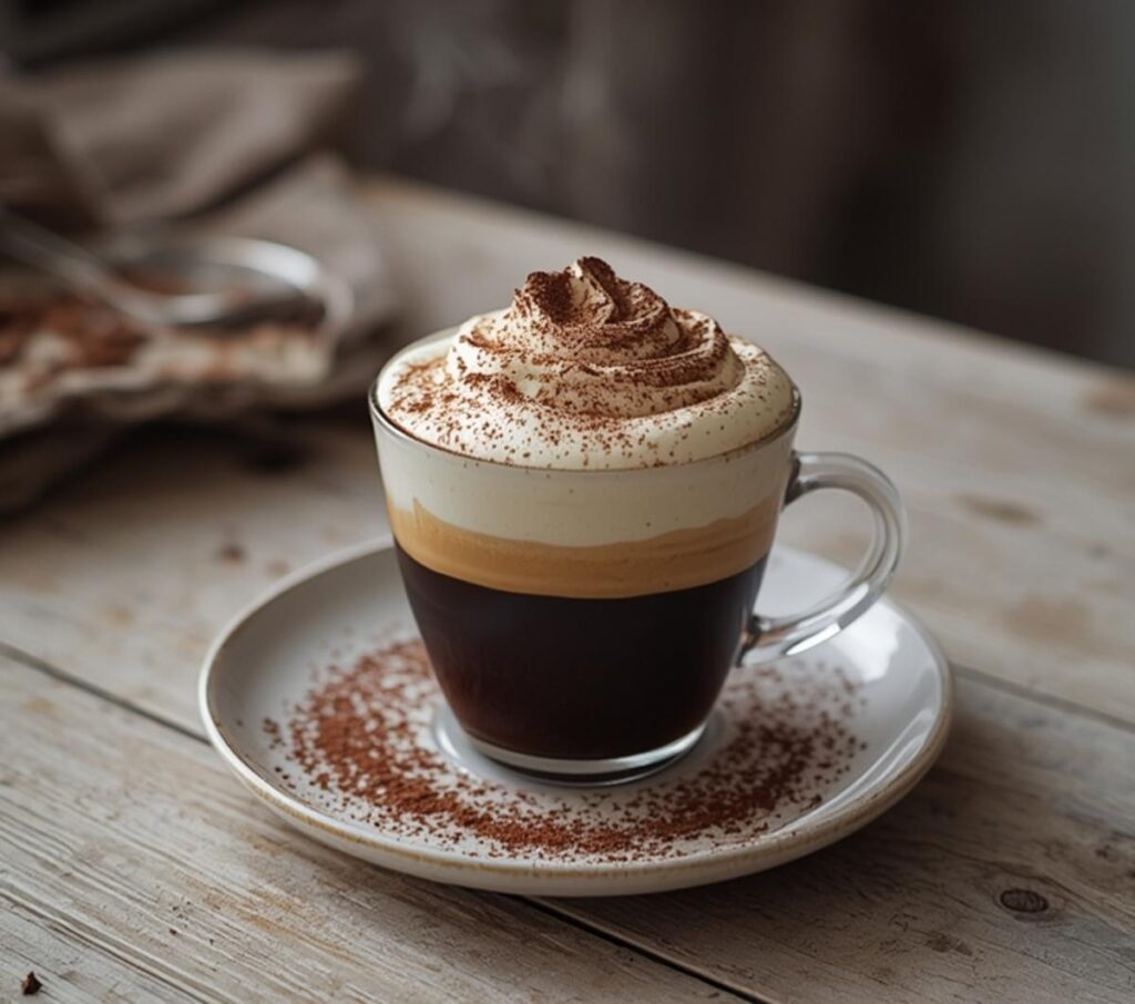 A glass of tiramisu latte coffee recipe with a creamy mascarpone layer and cocoa dusting on top.