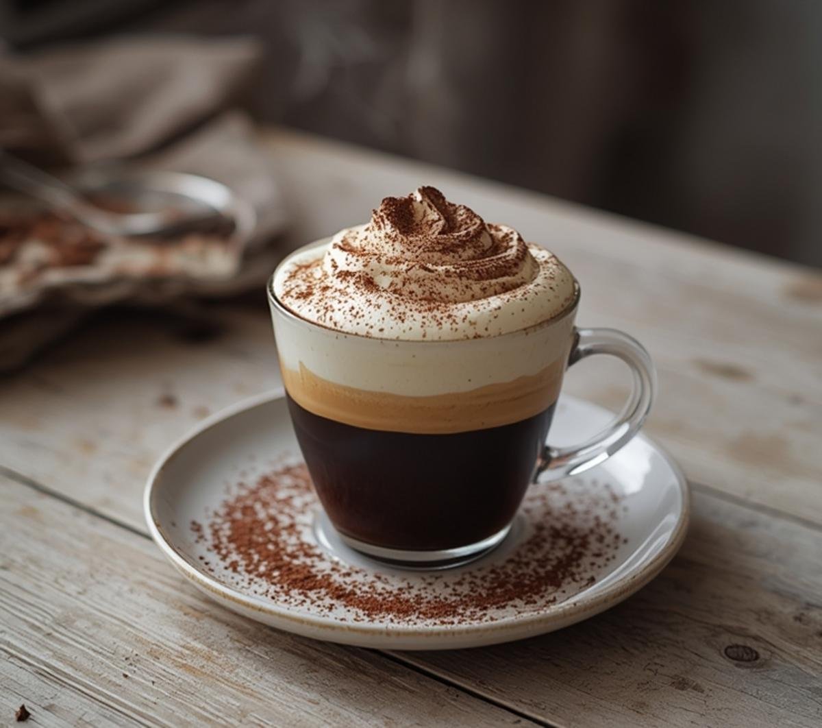 A glass of tiramisu latte coffee recipe with a creamy mascarpone layer and cocoa dusting on top.