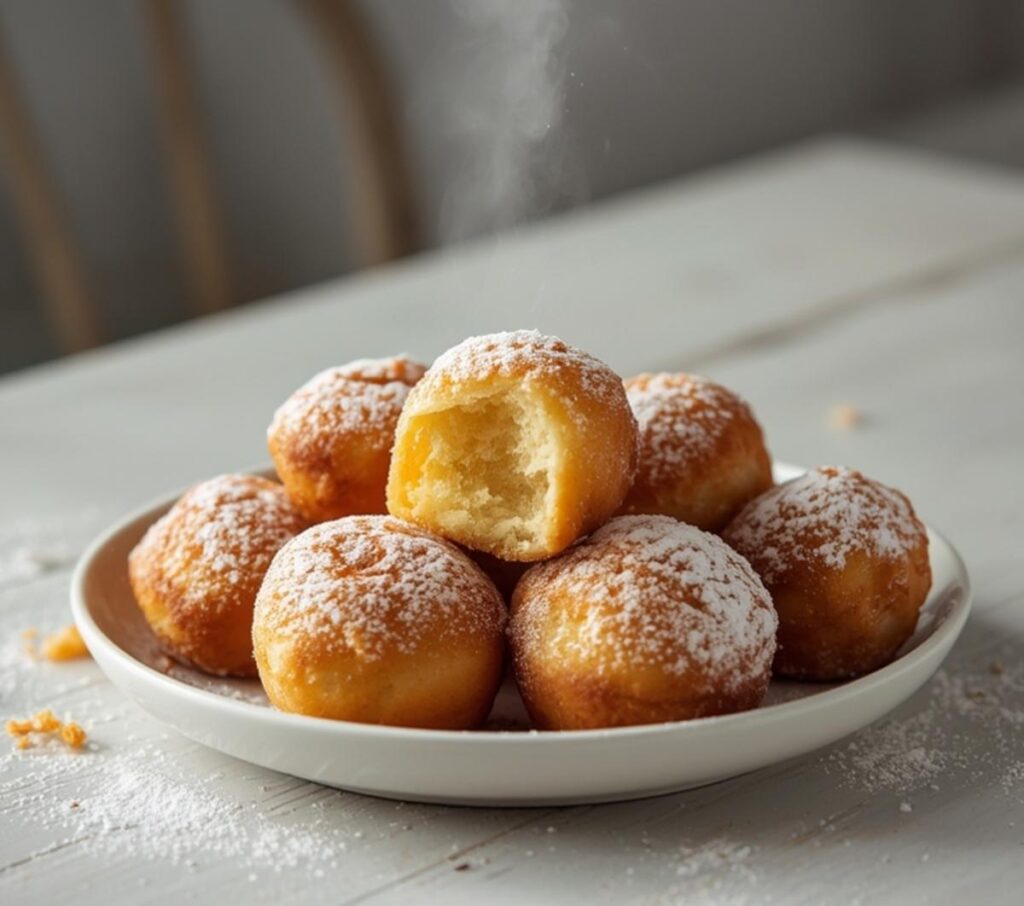 A plate of golden, sugar-dusted vanilla French beignets served for a cozy breakfast on a table.