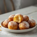 A plate of golden, sugar-dusted vanilla French beignets served for a cozy breakfast on a table.